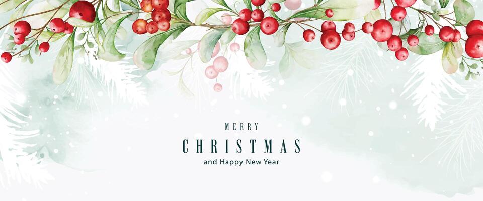 Christmas background decorated with berries on watercolor stains