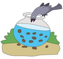 Crow is putting a stone rock in an earthen pot vector