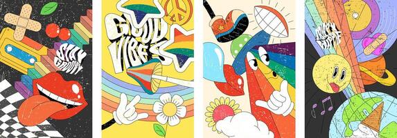 Retro hippie posters with psychedelic wallpapers. Bold, groovy designs inspired by 60s and 70s aesthetics. Vibrant abstract illustrations with colorful vintage decorative elements vector
