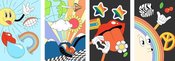 Retro 90s inspired psychedelic posters. Bright hippie style designs with mountains, sun rays, flowers and waves. Funky Y2K characters and groovy vintage cartoon elements in a bold set vector