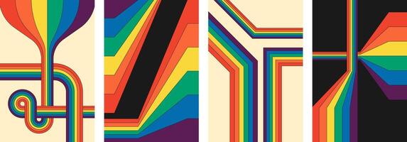Vintage 1970s posters with rainbow-toned geometric lines. Abstract groovy striped patterns in retro style. Minimalist design perfect for old fashioned art covers and creative backgrounds vector