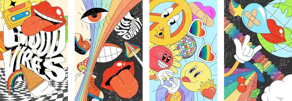Hippie style retro posters showcasing psychedelic wallpapers. Vibrant 60s and 70s inspired abstract art with bold groovy patterns and colorful decorative vintage elements