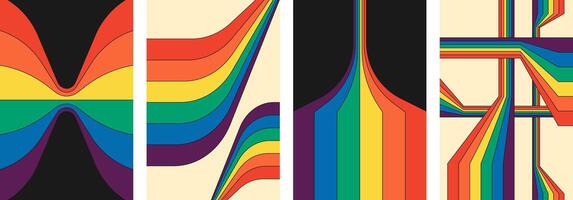 Retro 70s geometric posters featuring vintage rainbow line patterns. Groovy striped designs with abstract colorful backgrounds. Minimalist old school set for creative artwork covers vector