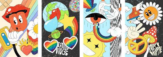 Psychedelic hippie poster collection with retro wallpapers. Groovy 60s and 70s inspired bold patterns featuring vibrant abstract art and vintage decorative designs vector