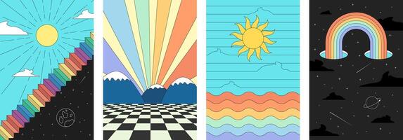 Groovy retro abstract poster collection with boho hippie art. Psychedelic designs featuring sun, starry sky, and landscapes. Vintage inspired prints with trendy Y2K aesthetic and bold graphic elements vector