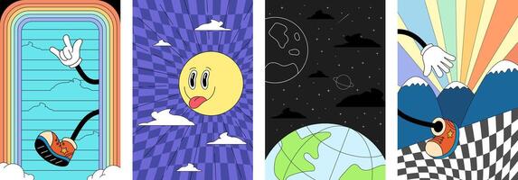 Retro abstract poster set with groovy boho vibes. Psychedelic graphic art featuring sun, moonlit sky and landscapes. Vintage inspired prints blending Y2K aesthetics with hippie style creative elements vector