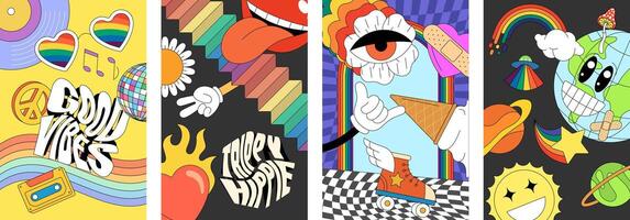 Groovy 90s posters with psychedelic cartoon style. Vibrant retro hippie elements featuring mountains, sun rays, flowers, and trippy waves. Funky Y2K collection with comic smiley characters vector