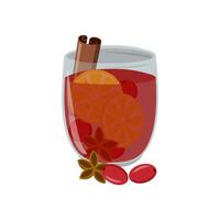 Icon of a glass of mulled wine with cinnamon, lemon, berries and spices. A drawing of a red punch with fruits and spices. Ingredients for mulled wine. vector
