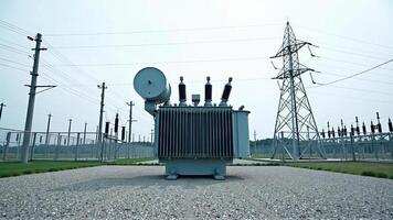 A transformer at an electrical substation. Transmission of electricity. photo