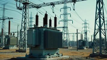 A transformer at an electrical substation. Transmission of electricity. photo
