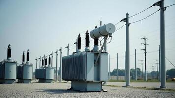 A transformer at an electrical substation. Transmission of electricity. photo