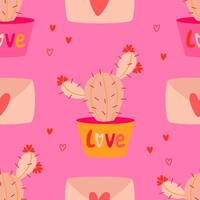 Seamless valentine's day pattern with a cute cactus, a message of love. Flat illustration on pink background. vector