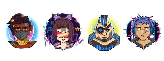 set of futuristic cyberpunk female and male avatars. Cartoon portraits with augmented reality and digital interface on graffiti background with punk symbols, glitch, gears, steampunk mechanics vector
