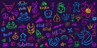 Set of neon creepy graffiti in trendy street style Y2K. Collection of abstract lettering , quick sketches of evil animals, angular chaotic lines, dirty ink symbols vector