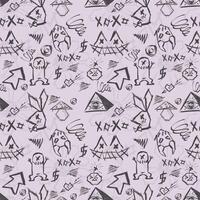 Seamless graffiti-style pattern with inky creepy elements of evil beasts and faces, futuristic and cyberpunk vibes on a gray background.Industrial elements, dynamic and aggressive aesthetics vector