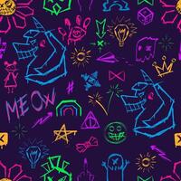 Seamless graffiti style pattern with neon colors creepy elements of evil beasts and faces, futuristic and cyberpunk vibe on dark blue background.Industrial elements, dynamic and aggressive aesthetics vector