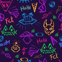 Seamless graffiti style pattern with neon colors creepy elements of evil beasts and faces, futuristic and cyberpunk vibes.Industrial elements, dynamic and aggressive aesthetics vector