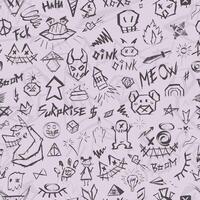 Seamless graffiti style pattern with marker creepy elements of evil beasts and faces, futuristic and cyberpunk vibe on concrete background.Industrial elements, dynamic and aggressive aesthetics vector
