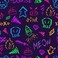 Seamless graffiti style pattern with neon colors creepy elements of evil beasts and faces, futuristic and cyberpunk vibes on a dark background.Industrial elements, dynamic and aggressive aesthetics vector