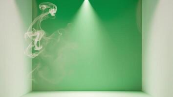 A green room with a spotlight and smoke coming out of it photo