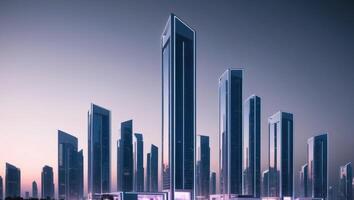 A futuristic city with tall buildings and a lot of people photo