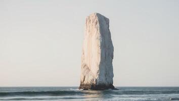 A large rock in the ocean with a white rock photo