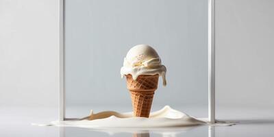 An ice cream cone is sitting in a glass frame photo