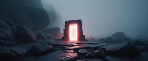 A door in the middle of a cave with a red light photo