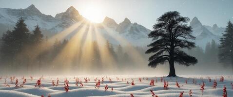 A tree in the snow with the sun shining through photo