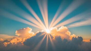 Sunbeams shining through clouds in the sky photo