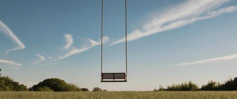 A swing hanging in the middle of a field photo