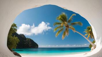 A view of a beach through a hole in the ground photo