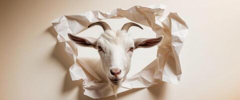 A goat is peeking out of a hole in a piece of paper photo