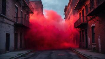 A red smoke cloud is blowing through an alley photo