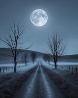 A road with trees and a full moon in the sky photo