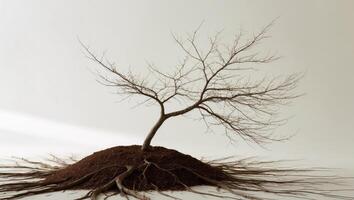 A tree with no leaves on top of dirt photo