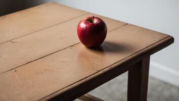 A red apple sitting on a wooden table photo
