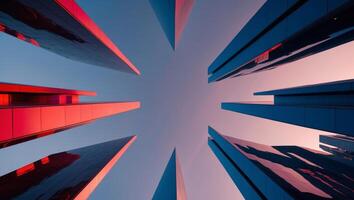 A view up at the top of a building with red and blue colors photo