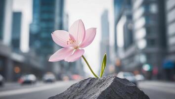 A pink flower growing out of a rock in the middle of a city photo
