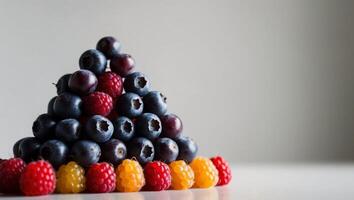 A pyramid of berries is arranged on a table photo
