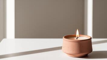 A candle is sitting on a table in front of a window photo