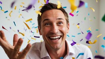 A man is smiling while throwing confetti photo
