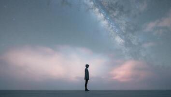 A man standing in the middle of a field looking up at the sky photo