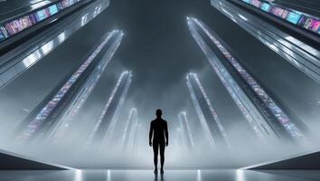 A man standing in front of a futuristic building photo