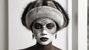A woman with a zebra face paint and a fur hat photo