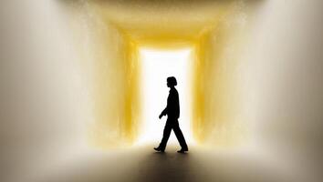 A man walking through a tunnel with light coming from the end photo