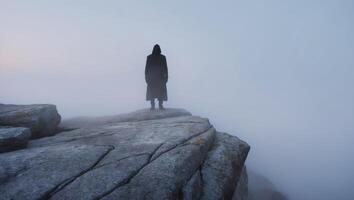 A person standing on top of a rock in the fog photo