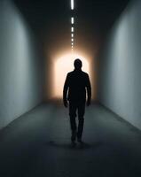 Man walking in a dark tunnel with light coming from the end photo