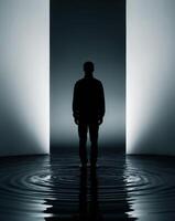 A man standing in front of a doorway with water coming out of it photo