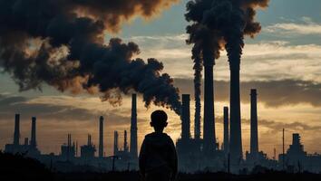 A man standing in front of a factory with smoke coming out of it photo